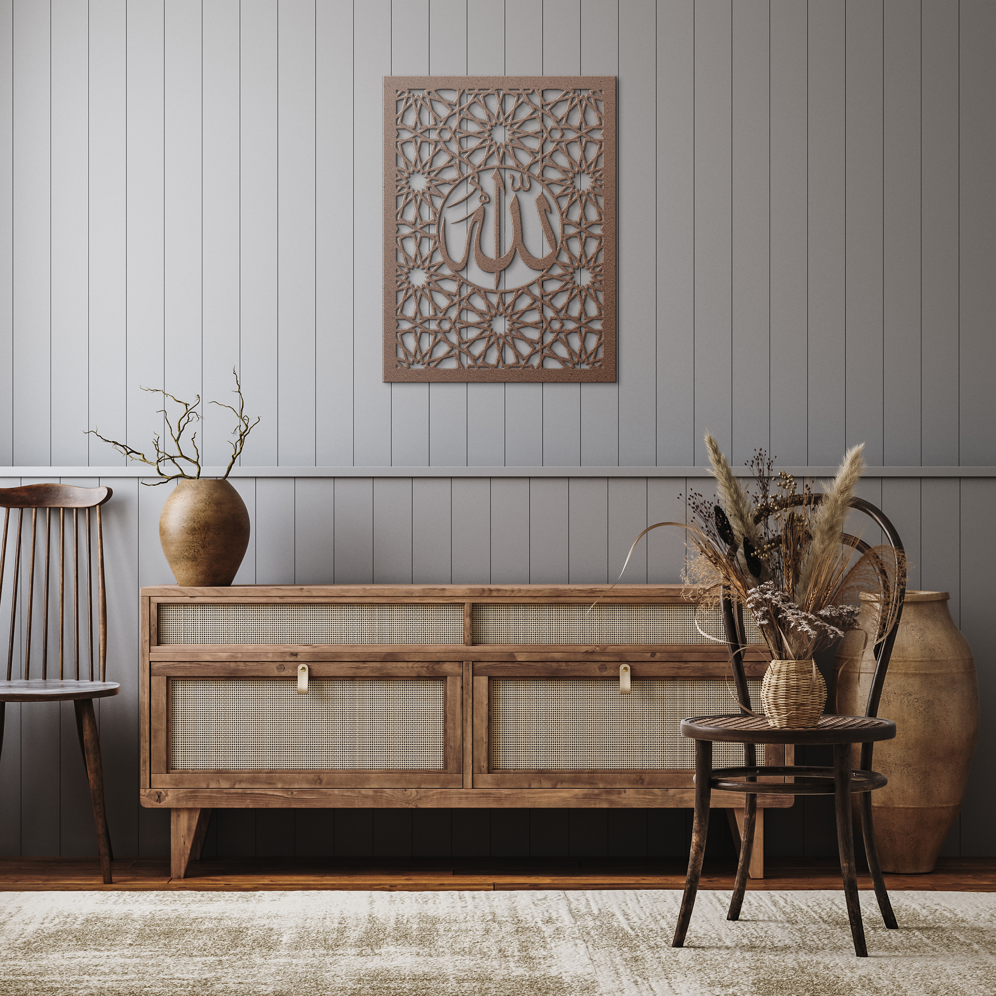 Divine_Name_Allah__Arabic_Panel_Copper_Rustic_Hallway_Mockup.png